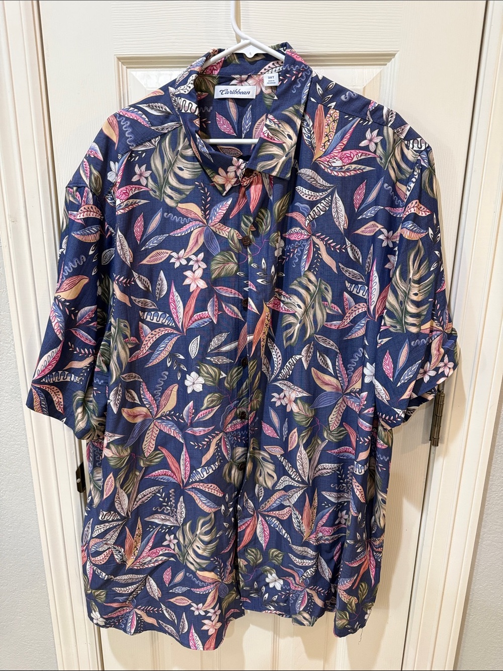 Caribbean Navy Blue Tropical Leaf Print Short Sleeve Button-Down Shirt